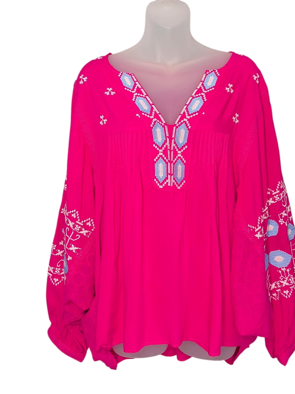 Easel Boho Embroidered Peasant Blouse Magenta Hot Pink Dolman Long Sleeve NWT
